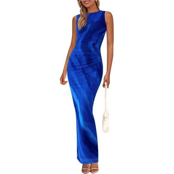 Women Floral Bodycon Sleeveless Mesh Maxi Dress Blue - Picture 1 of 5